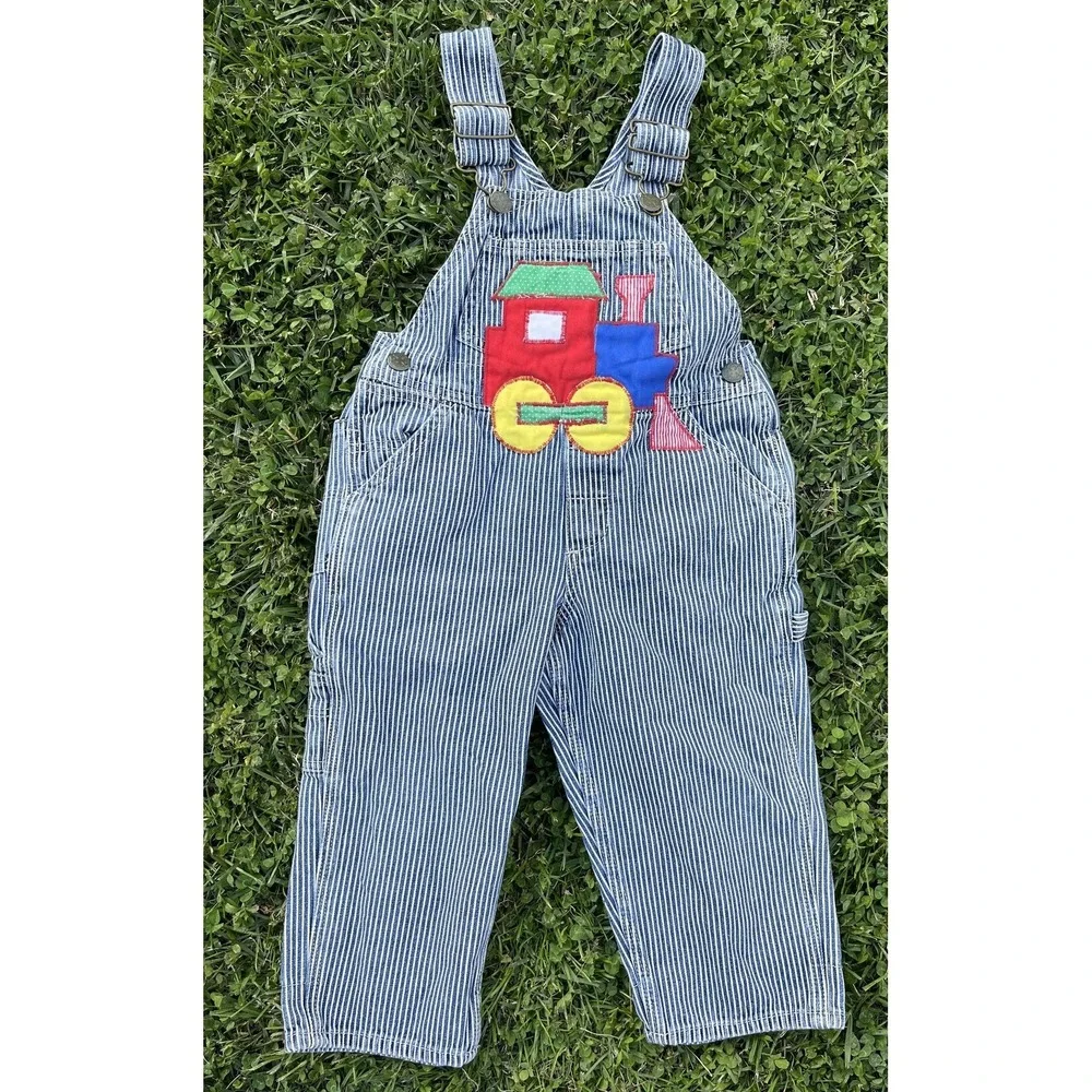 Vintage Tracey Designs Overalls Kids 3 Striped Denim Train Applique Engineer
